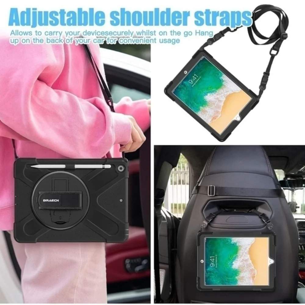 Drop & Shock Proof Black Case For Apple Tablet With‎ Strap NEW